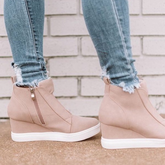 Tegan | Faux Suede Pinhole Wedge Sneakers | Blush - Picture 3 of 5